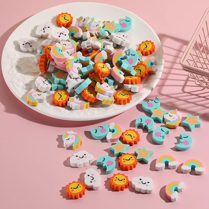 Wolpoark Christmas Unicorn Erasers for Kids 48pcs Bulk Rainbow Moon Star Cute Novelty Pencil Erasers for Thanksgiving Girls Student Ofiice Back to School Supplies Classroom Prizes Party Favors