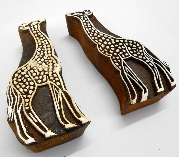 CraftsofIndia® Pair of Giraffe Wooden Blocks Stamps for Printing on Textiles, Pottery Crafts,Henna, Scrapbooking (Set of 2)