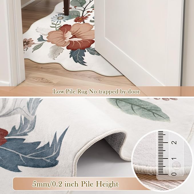 Beeiva Living Room Rugs 8x10 - Scalloped Floral Printed Soft Non Slip Washable Flower Rug for Bedroom Under Bed Boho Aesthetic Rugs Stain Resistant Large Carpet for Nursery Dorm(Beige,8x10ft)