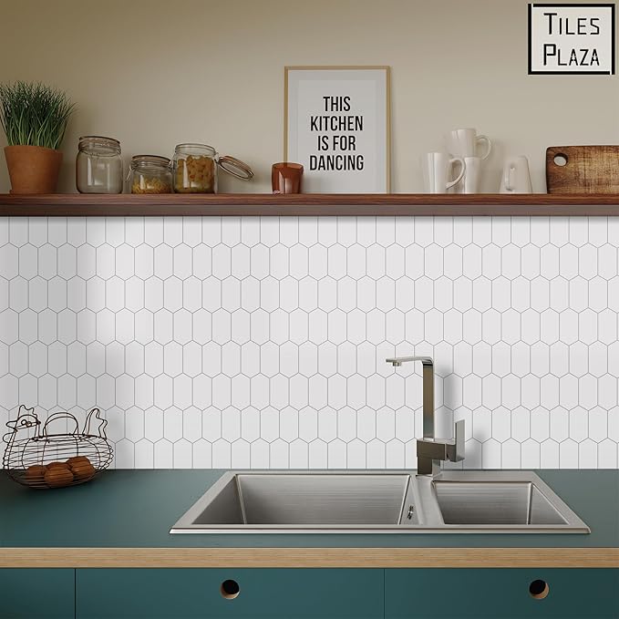The Tiles Plaza 10-Sheet Peel and Stick Backsplash, White Long Hexagon Self Adhesive Wall Tile, Stone Composite Stick On Decorative Mosaic Tile for Kitchen Bathroom Fireplace