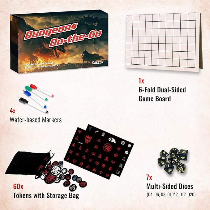 Foldable DND Battle Map Set – Reusable Dry Erase RPG Board with Double-Sided Square & Hex Grids, Tokens & Markers – Travel Starter Kits for D&D, Pathfinder and TTRPGs