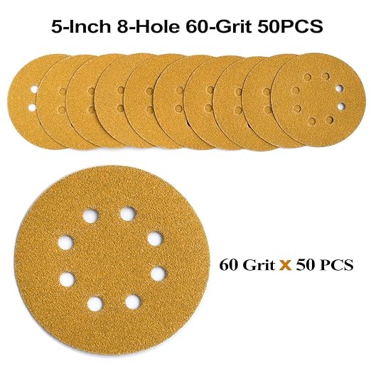 5-Inch 8-Hole Hook and Loop Sanding Discs 60-Grit Random Orbit Sandpaper, 50-Pack