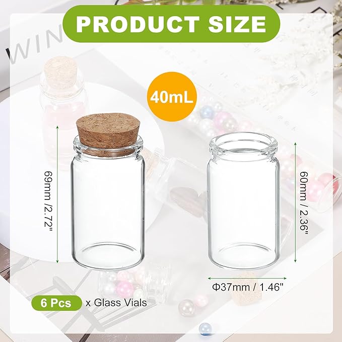 uxcell 6Pcs Mini Glass Bottles with Cork Stoppers, 40ml Small Clear Bottles Glass Empty Jars Vials for DIY Crafts Party Wedding Decor Favors