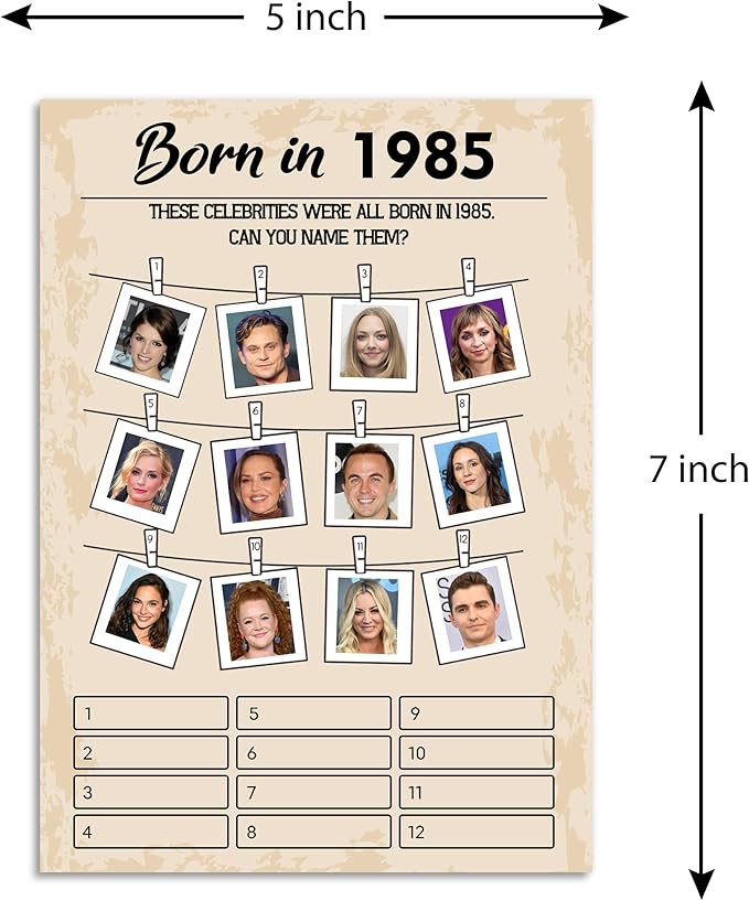 QUPT 40th Birthday Party Games, Set of 5 Activities for 10 Guests, Born in 1985 Games Bundle, Birthday Party Supplies for Adults, Pack of 50 Cards