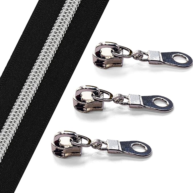 Sawoake 10 Yards Bulk #5 Nylon Coil Zipper With Silver Teeth, Black - Replacement for DIY Sewing Craft Bags With 10 Sliders (#5 Silver Black)