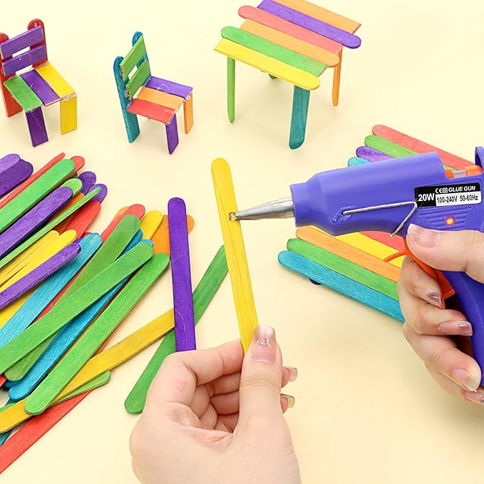 4.5 inch Colored Wooden Sticks Kits, 400PCS Colorful Rainbow Treat Sticks Bulk with Hot Glue Gun and Sticks for Craft Popsicle Home Decoration Project Building Model Kid Classroom Art Craft Supplies