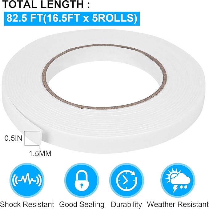 Double Sided Foam Tape 0.5In x 16.5FT 5 Pack, Mounting Tape Heavy Duty, Strong Adhesive Weatherproof Seal Strips for DIY Craft Picture Poster, Car & Gap Filling Mountings, Home Office Decor (White)