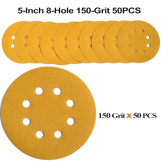 5-Inch 8-Hole Hook and Loop Sanding Discs 150-Grit Random Orbit Sandpaper, 50-Pack