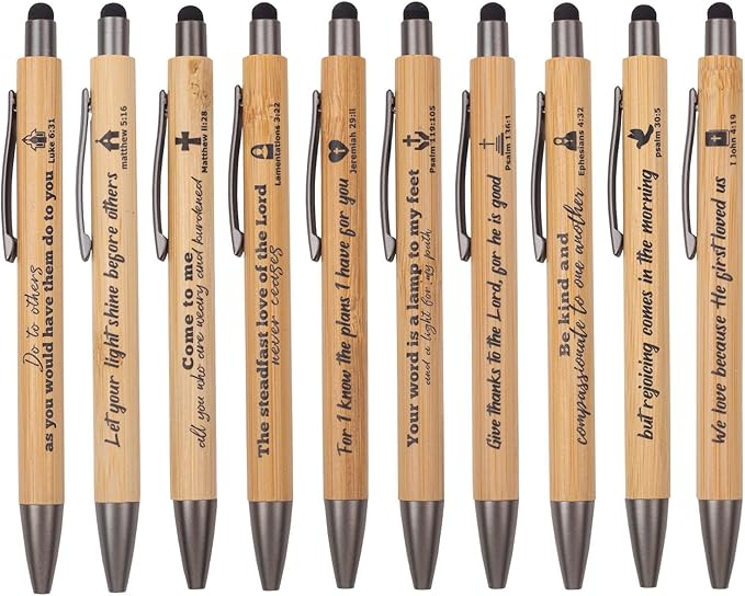 10 Pcs Christian Inspirational Stylus Bamboo Ballpoint Pens Set Bible Pens Bulk Christian Pens Gifts for Church Women Men Sunday Party Teacher Christians Supplies