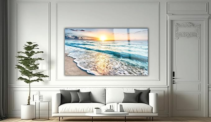 SpiritualHands Sea beach ocean white sand Tempered Glass Wall Art Painting for Living Room, Tempered Glass Modern Prints Decor, Large Vivid Color Panel for Bedroom, Kitchen, or Office