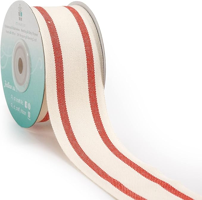 CT CRAFT LLC Ivory Cotton Red Stripes Ribbon 1.5" x 10 Yards for Home Décor Gift Present Wrapping DIY Crafts Birthday Wedding Bouquet Christmas