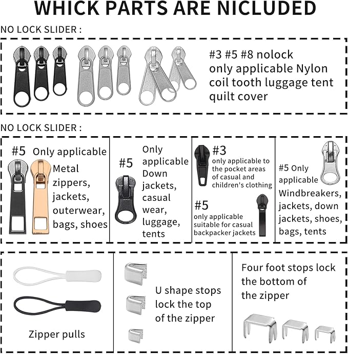 JEXZON Zipper Repair Kit (380 Pieces), #3#5#8 Zipper Slider Replacement for Clothing, Jackets, Boots, Purses, Backpacks