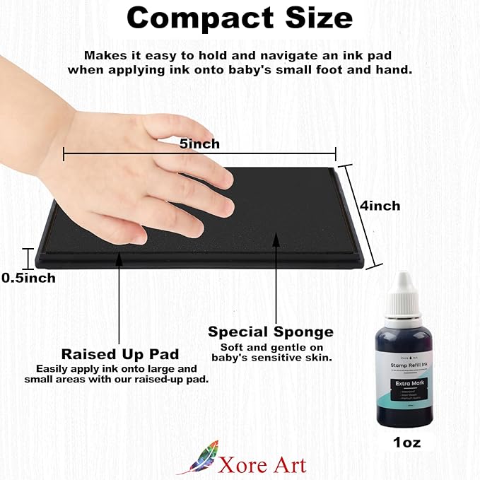 5"x4'' Large Ink Pad Washable Stamp Ink Pad for Baby Footprint Handprint with 30ml Premium Refill Ink (Black)