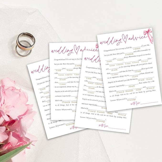 Wedding Shower Games Cards, Wedding Advice Word Game, Bridal Shower Games 25 Guests, Engagement Party Wedding Games for Guests, Pink Ribbon Bow Wedding Party Supplies - E06