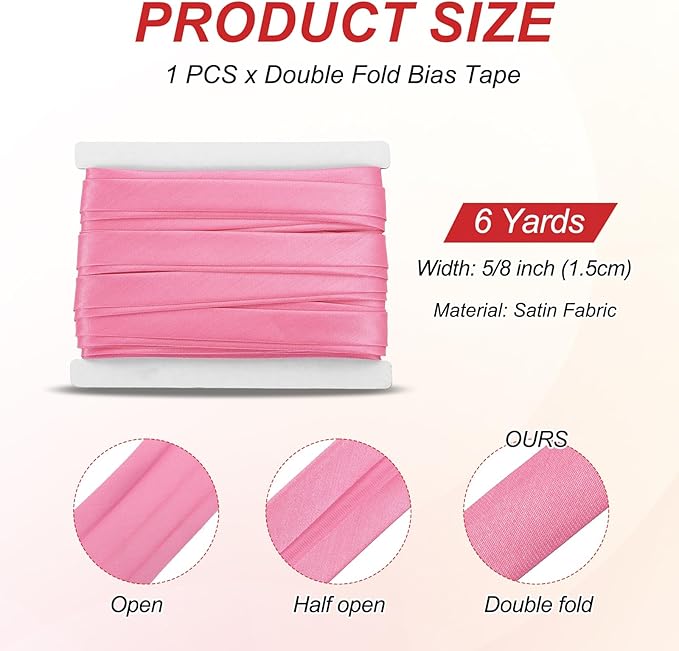 MECCANIXITY Double Fold Bias Tape for Sewing 5/8 Inch x 6 Yards Satin Pre-fold Continuous Binding Tape for Seaming Quilting Hemming Binding DIY Crafts, Pink