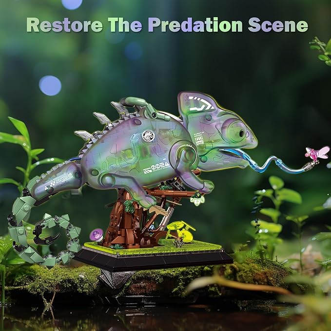 JMBricklayer Adult Building Sets Mechanical Chameleon 70124, Cool Rainforest Animals Collectible Display Model with Base, Creative Design Building Toys Gifts for Adults Men Boys Girls 14+