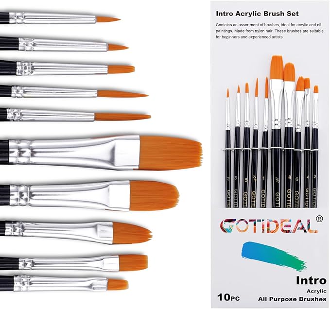 GOTIDEAL Paint Brush Set, 10 Pcs Round Pointed Tip, Small Nylon Hair Brushes for Acrylic, Oil and Gouache，Body, Face Nail Art and Rock Painting, Perfect for Kids & Adult