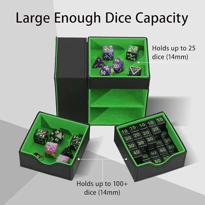Dice Tower & Tray Storage Box, 3 in 1 Dice Holder Case (Rolling Tower Dice Storage Drawers, Rolling Tray), Leather Magnetic Closure DND Accessories Gifts for RPG MTG, Black/Green