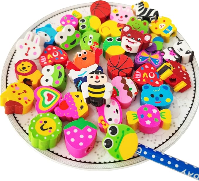 35PCS Fun Animal Fruit Pencil Topper Erasers for Kids Bulk,Cute Top Erasers Caps for Pencil,Back to School Party Gifts (Pattern Random)