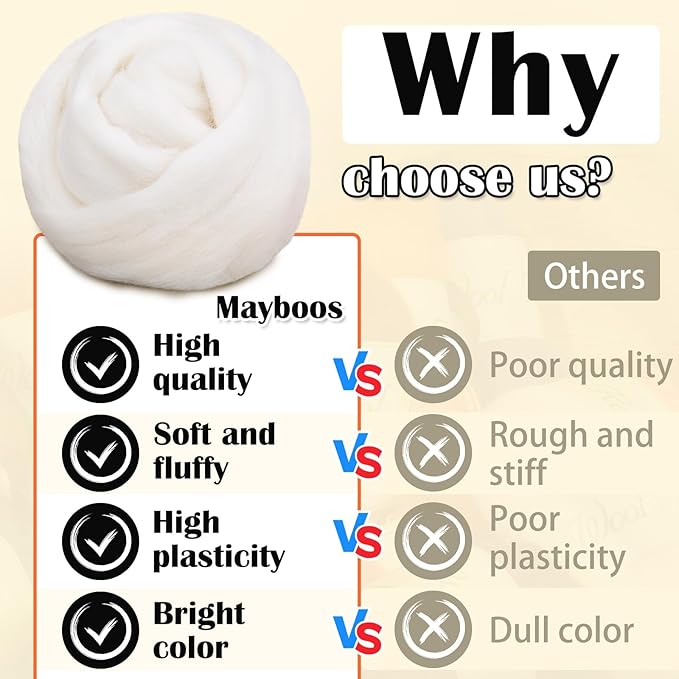 Mayboos Wool Roving Yarn, 1.76oz Colored Natural Wool Roving,Wool Felting Supplies Pure Wool Chunky Yarn for Wet Felting handcrafts and Spinning (Original White Color)