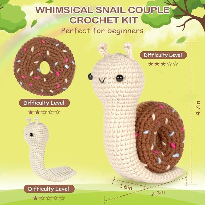 Crochetta Crochet Kit for Beginner, Crochet Starter Kit w Step-by-Step Video Tutorials, Learn to Crochet Kits for Adults & Kids, DIY Knitting Supplies, 2-Pack Snail Couple (40%+ Yarn Content)