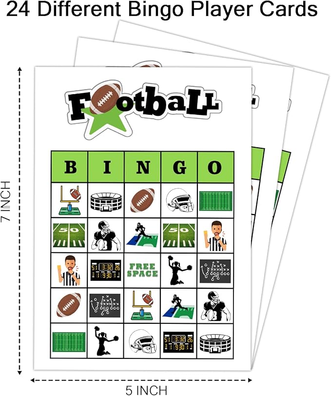 Football Party Bingo Game Cards(24 Players), Sport Themed Bingo Card for Family Friend Adult, Large Group Holiday Party Activity Favor Decoration Supplies -009