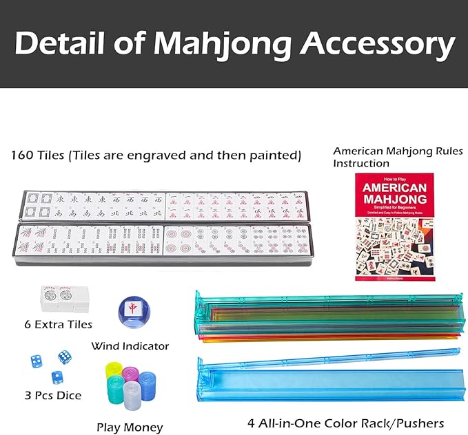 American Mahjong Game Set, 166 Quality White Tiles, 4 All-in-One Color Rack/Pushers, Mahjong Tile Set with Light Blue Printed Carrying Bag