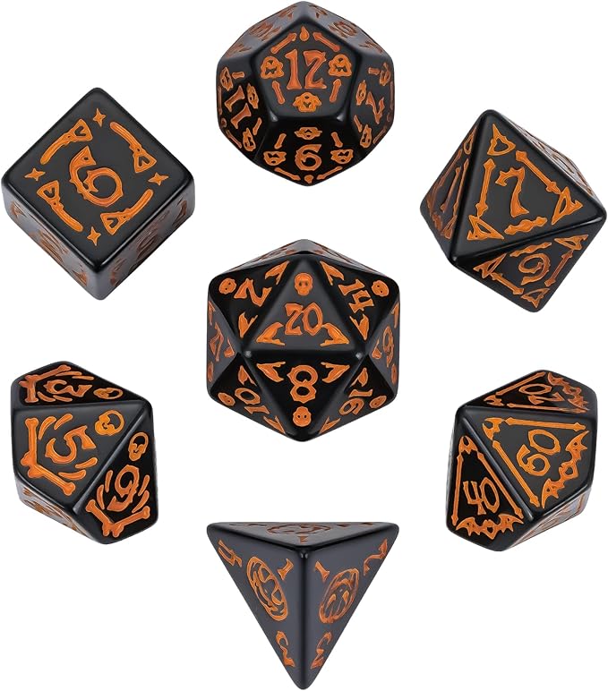 7-Die DND Dice Set Halloween Pattern Polyhedral Dice Set with Leather Bag, Skull Dice D&D Dice Set for RPG Table Games (Halloween Pattern-Black)