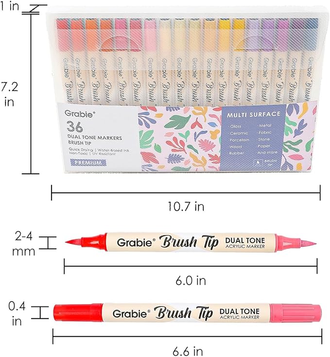 Grabie 72 Colors Acrylic Paint Markers, Soft Brush Tip Acrylic Markers Set, Paint Pens for Wood, Fabric, Canvas, Glass, Stone, Canvas, Rock Painting and DIY Crafts Art Supplies, Set of 36