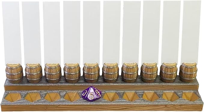 Initiative Tracker with 10 Barrel Slots, Erasable Name Tags, and Dice for Tracking Order. Ideal for DND and Other TTRPGs Brown with Silver