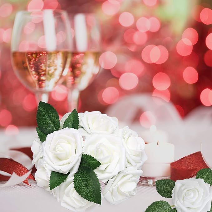 AmyHomie Artificial Flower White Rose 25pcs Real Looking Fake Roses w/Stem for DIY Wedding Bouquets Centerpieces Arrangements Party Baby Shower Home Decorations