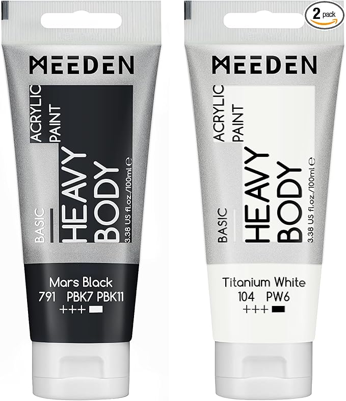 MEEDEN Acrylic Paint Mars Black: Bundled with Titanium White Color - 100ml/3.38oz x 2 Bulk Heavy Body Acrylic Paint Tubes for Art Craft Painting