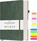 Lined Journal Notebook, Large A5 College Ruled Notebook, 312 Numbered Pages Work Notebook with Index Stickers, 100gsm Thick Paper, Hardcover Vegan Leather Journal for Women Men School Office, Green
