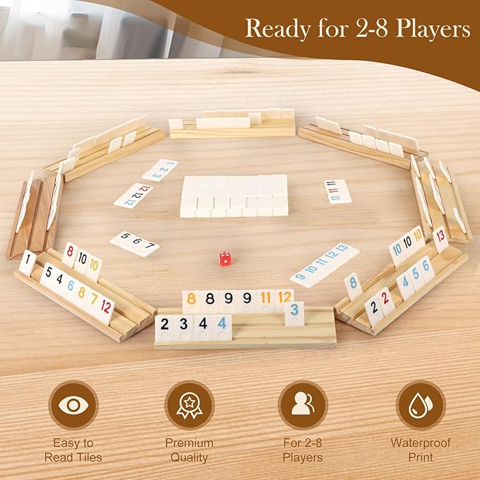2-8 Players Rummy Game Set, 214 Melamine Tiles, 8 Wooden Racks, Drawstring Bag, Premium Portable Case, Tile Board Games for Adults, Travel, Birthday Gifts for Men Women Dad Mom