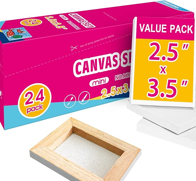 AUREUO Mini Stretched Canvas - 2.5x3.5 Inch / 24 Pack - 2/5 Inch Profile Small Square Canvas - Gift Set Bulk Pack Canvases for Acrylic Painting & Craft