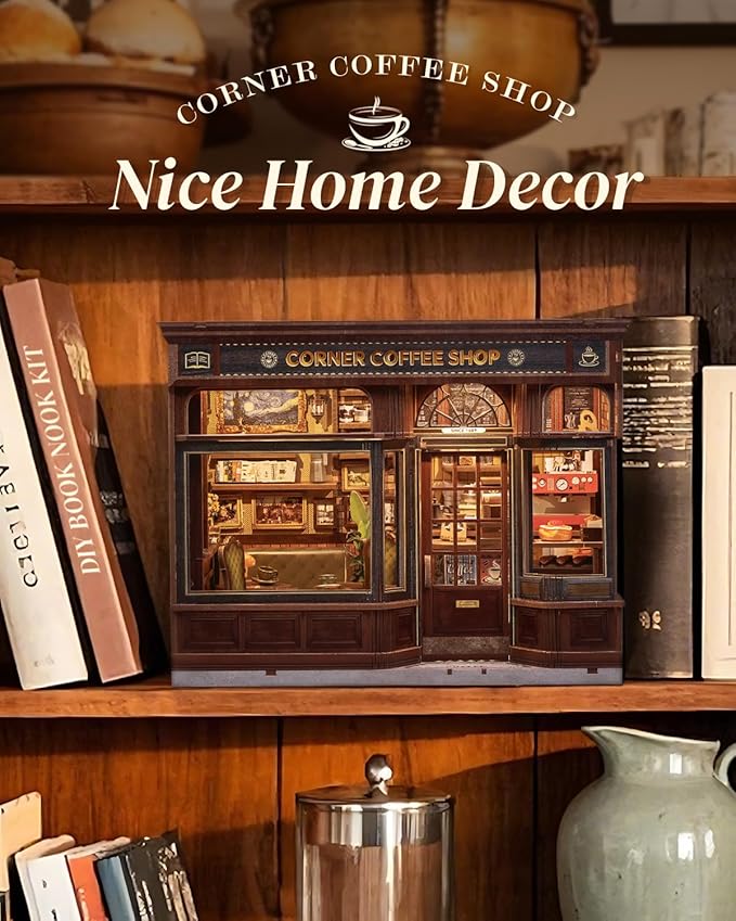 Cutefun Book Nook Kit - DIY Miniature Doll House Kit, Book Nook Kits for Adults, 3D Wooden Puzzle Bookend Bookshelf with LED Light for Cafe Crafts Lovers (Corner Coffee Shop)