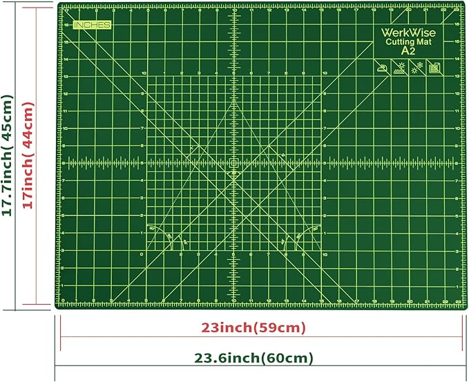 Thickness-Upgraded 18" x 24" Self Healing Sewing Mat, WerkWise Rotary Cutting Mat, Double Sided 5-Ply 18x24 Inch Cutting Board for Quilting, Fabric, & Crafts, Use with Rotary Cutters (Green & Black)