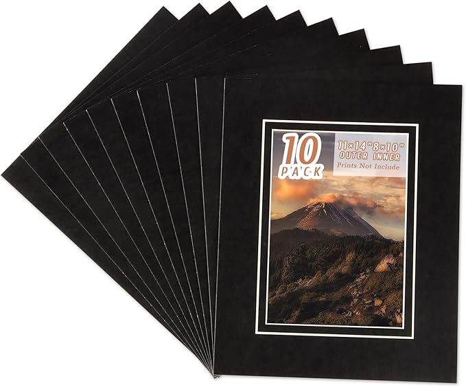 HOTUO 10 Pack Acid Free Black Picture Frame Mats, Pre-Cut 11x14 Picture Mats with Ivory Core Bevel Cut for 8x10 Photo, Signature Friendly 4 Ply Thickness Photo Mat for Frames (Black with V-Groove)
