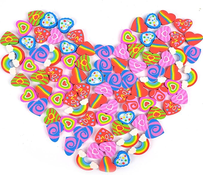 48pcs Large Erasers for Kids Bulk Heart Rainbow Pencil Erasers for Classroom Prizes Exchange International Children's Book Festival Party Favors Back to School Supplies