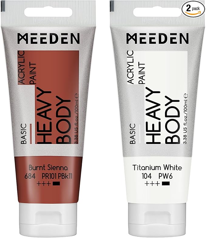 MEEDEN Acrylic Paint Burnt Sienna: Bundled with Titanium White Color - 100ml/3.38oz x 2 Bulk Heavy Body Acrylic Paint Tubes for Outdoor Home Plein Air Travel