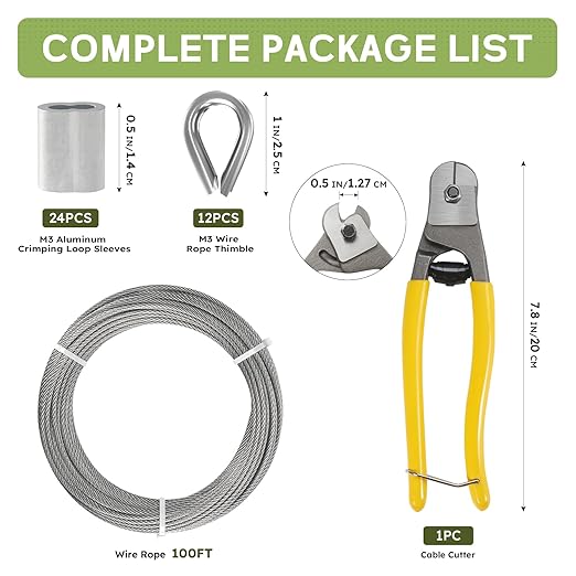 1/8 Inch Stainless Steel Cable Kit 100FT, 7 x 7 Strand Wire Rope with Aluminium Sleeves & Thimbles for Deck Railing, String Light Hanging, Shade Sail, Garden and DIY Projects