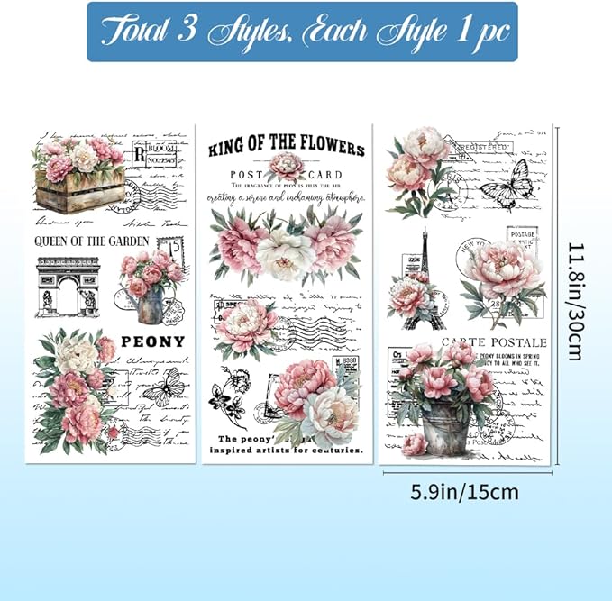 GLOBLELAND 3 Sheets Vintage Pink Peony Background Furniture Transfer 6x12inch Retro Romance Text Rub on Transfer Self-Adhesive Wall Art Decals for Bedroom Living Room Desk Table Decoration
