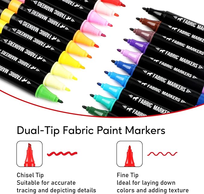Fabric Markers Permanent for Clothes, 20 Colors Dual Tip with Fine and Chisel Tips Paint Pens for Clothing Canvas Tote Bags T-Shirt and Shoes, Non Toxic Ink for Kids and Adults