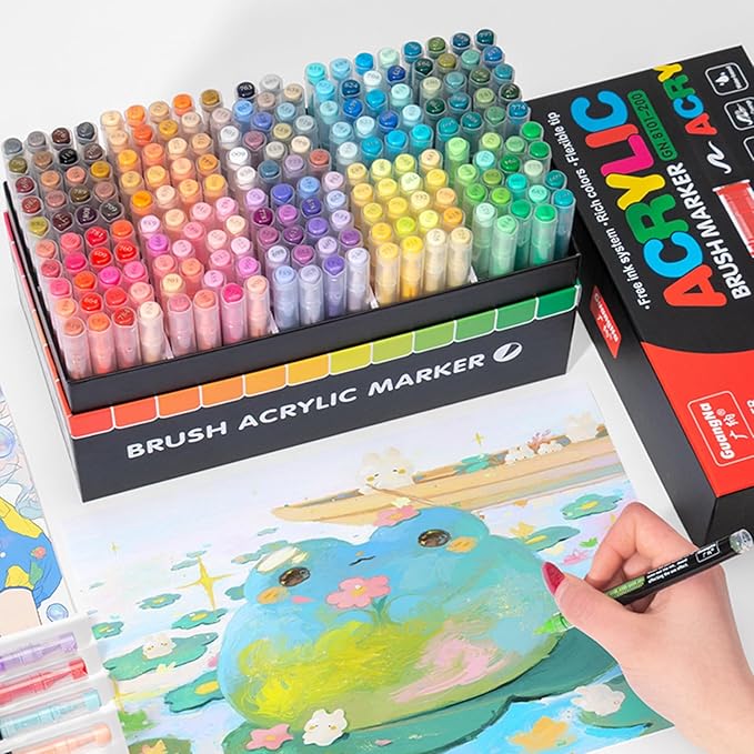 Acrylic Paint Markers Pens, 200 Vivid Colors Acrylic Markers Set,Direct Liquid Type, Stackable Color, Odorless Soft Head，Markers for School，Tooli Art ，Fabric & Creative Crafts (200)