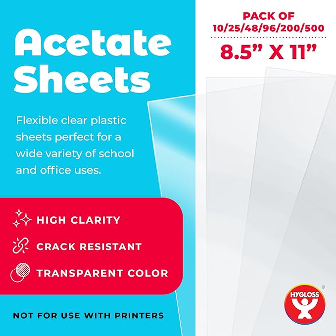 Hygloss 8.5" x 11" Acetate Paper - 7 Mil Clear Acetate Sheets for Crafts Projects, Classroom Stencil Sheets, Overhead Transparency Sheets for Projector, Clear Plastic Sheet (Not for Printers) 500 Pack