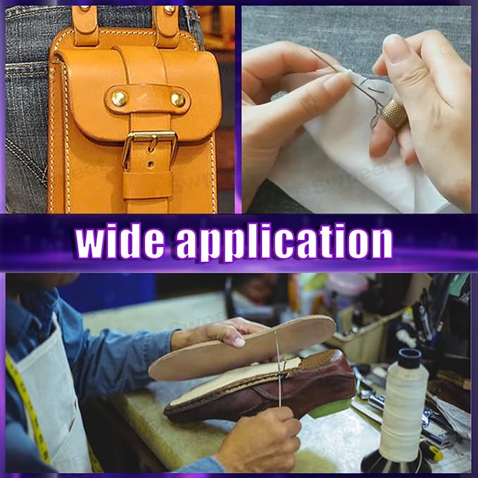 Swpeet 10Pcs Portable Copper Handle Canvas Leather Sewing Awl Needle and 3 Colors Nylon Waxed Thread Cord with Thimble Assortment Kit, Leather Sewing Tools for Canvas, Shoe and Leather Repair