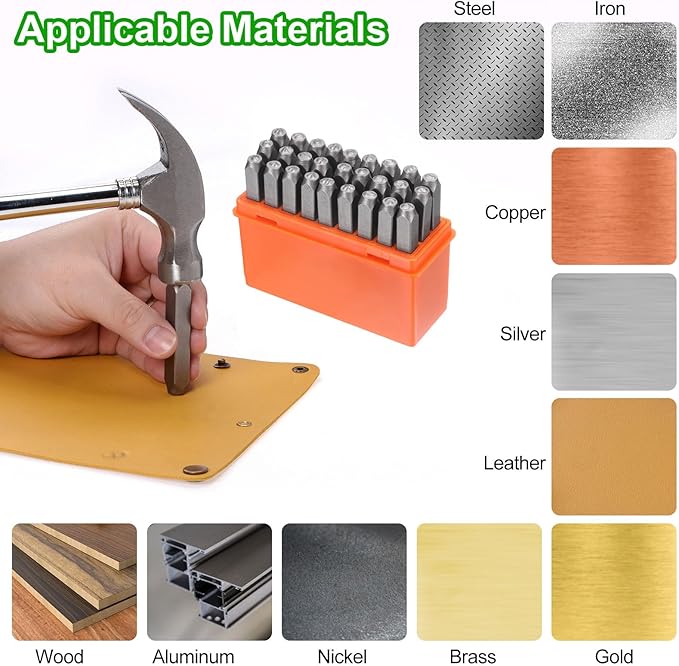 HARFINGTON 36pcs Metal Stamping Kit 1/4" (6mm) Steel Uppercase Letter and Number Punch Set (A-Z / 0-8 / "&" Symbol) Punch Press Tool with Case for Imprinting Metal Plastic Wood Leather