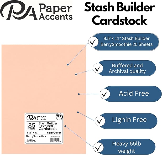 PA Paper Accents Stash Builder Textured Cardstock 8.5" x 11" Textured Berry Smoothie, 65lb colored cardstock paper for card making, scrapbooking, printing, quilling and crafts, 25 piece pack