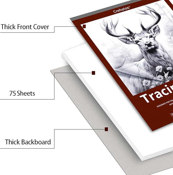 Crehatos 9" x 12" Tracing Paper, Translucent Tracing Pad, 75 Sheets 38lb/60gsm Vellum Art Paper