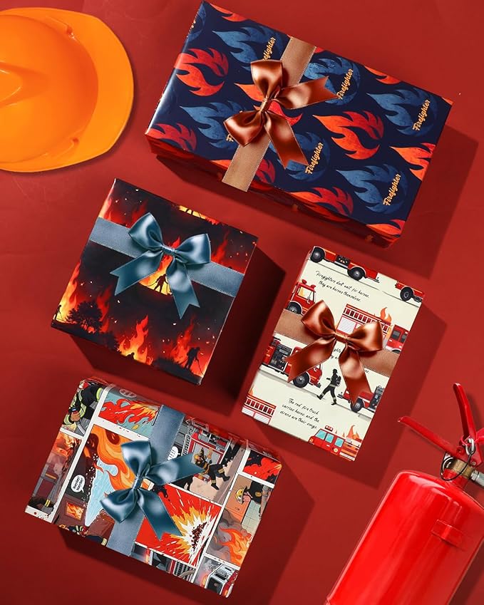 Pineraap 12 Sheets Firefighter Themed Wrapping Paper, Fire Safety Gift Wrap for Firefighter, Folded Flat Art Paper for Birthday Parties, Fireman Theme Favors, Thank You & Appreciation,19.7 x 27.6 Inch
